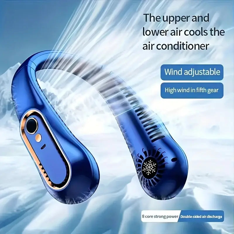 Bladeless Hanging Neck Fan – 5 Speeds, USB Rechargeable, Digital Display