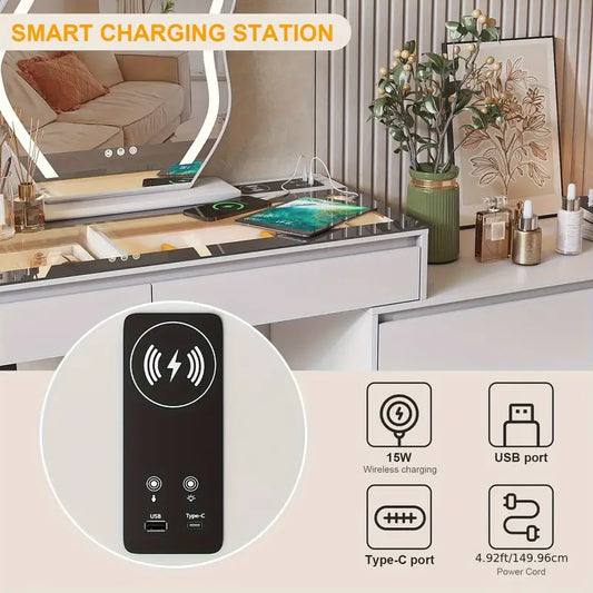 LED Vanity Desk with Mirror ā Makeup Dresser with Storage & Charging Station