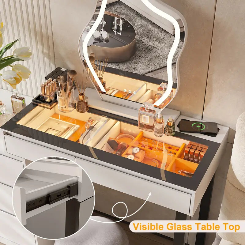 LED Vanity Desk with Mirror – Makeup Dresser with Storage & Charging Station