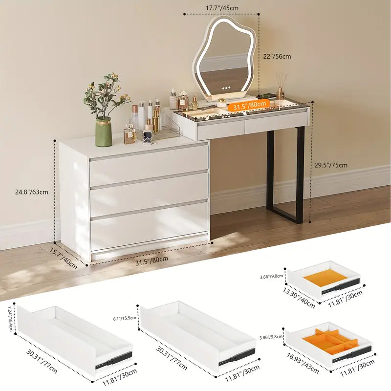 LED Vanity Desk with Mirror – Makeup Dresser with Storage & Charging Station