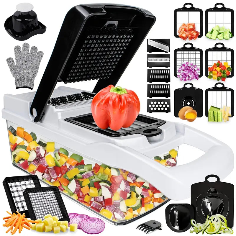Heavy-Duty Manual Vegetable Chopper – 7 Interchangeable Blades with Safety Mitt & Peeler