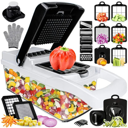 Heavy-Duty Manual Vegetable Chopper – 7 Interchangeable Blades with Safety Mitt & Peeler