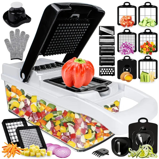Heavy-Duty Manual Vegetable Chopper – 7 Interchangeable Blades with Safety Mitt & Peeler