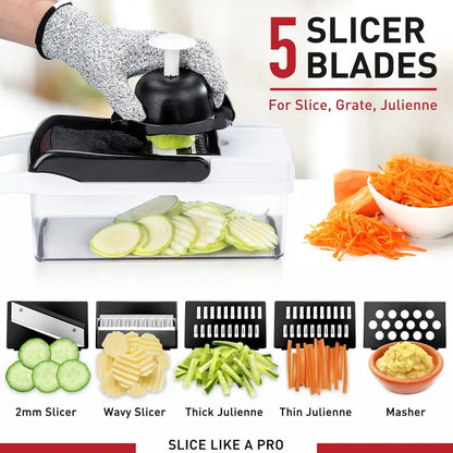 Heavy-Duty Manual Vegetable Chopper – 7 Interchangeable Blades with Safety Mitt & Peeler