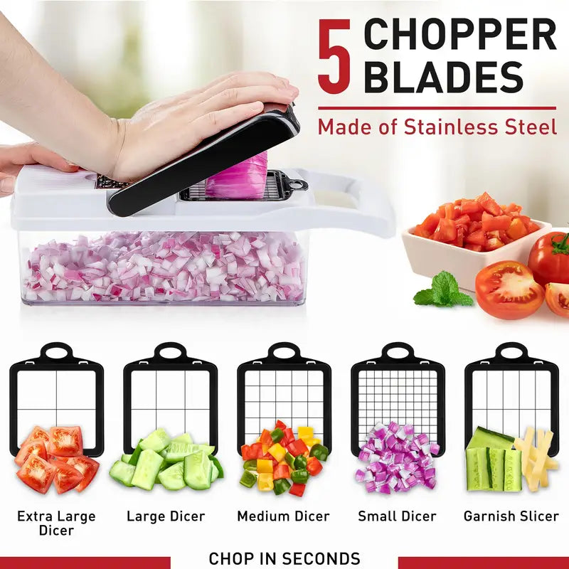 Heavy-Duty Manual Vegetable Chopper – 7 Interchangeable Blades with Safety Mitt & Peeler