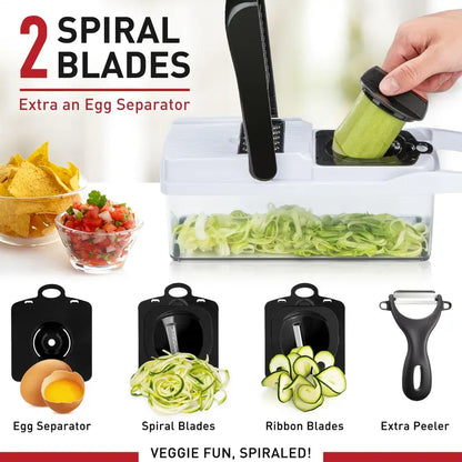 Heavy-Duty Manual Vegetable Chopper – 7 Interchangeable Blades with Safety Mitt & Peeler