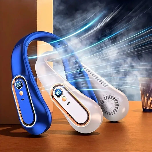 Bladeless Hanging Neck Fan – 5 Speeds, USB Rechargeable, Digital Display