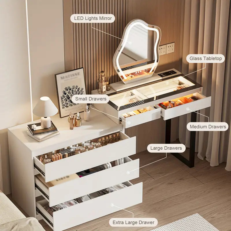 LED Vanity Desk with Mirror – Makeup Dresser with Storage & Charging Station