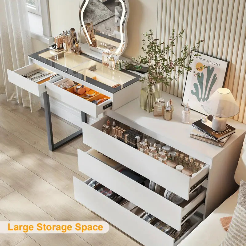 LED Vanity Desk with Mirror – Makeup Dresser with Storage & Charging Station